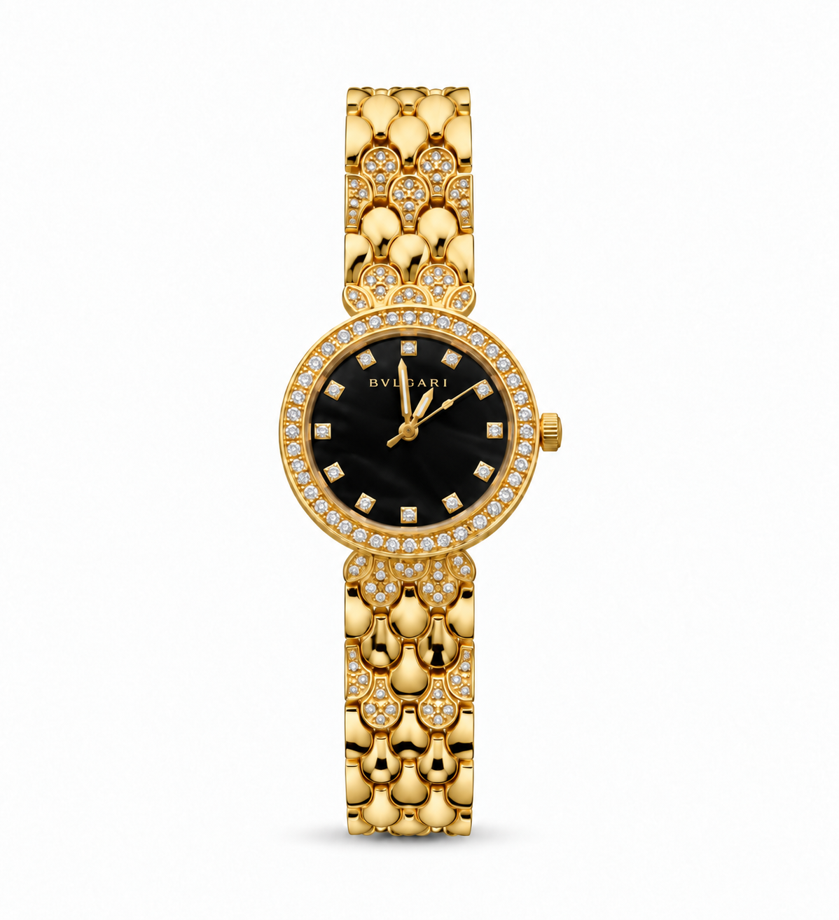 Bvlgari women's watch Lebanon - gold round case with double-row diamond bezel, black dial with diamond markers, scalloped gold bracelet with diamond accents