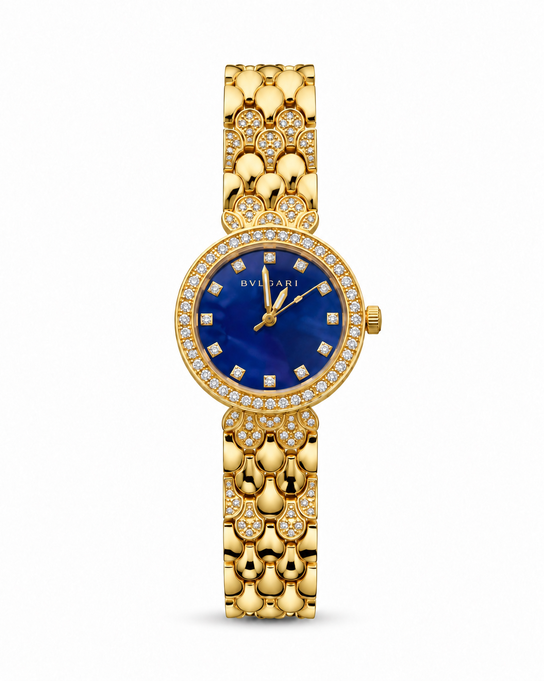 Bvlgari women's watch Lebanon - gold round case with double-row diamond bezel, blue dial with diamond markers, scalloped gold bracelet with diamond accents