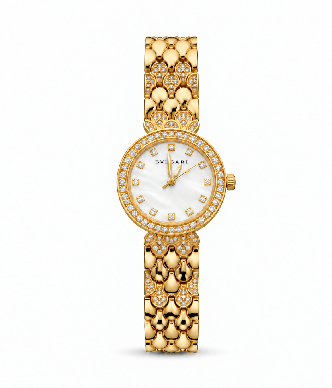 Bvlgari women's watch Lebanon - gold round case with double-row diamond bezel, white mother-of-pearl dial with diamond markers, scalloped gold bracelet with diamond accents