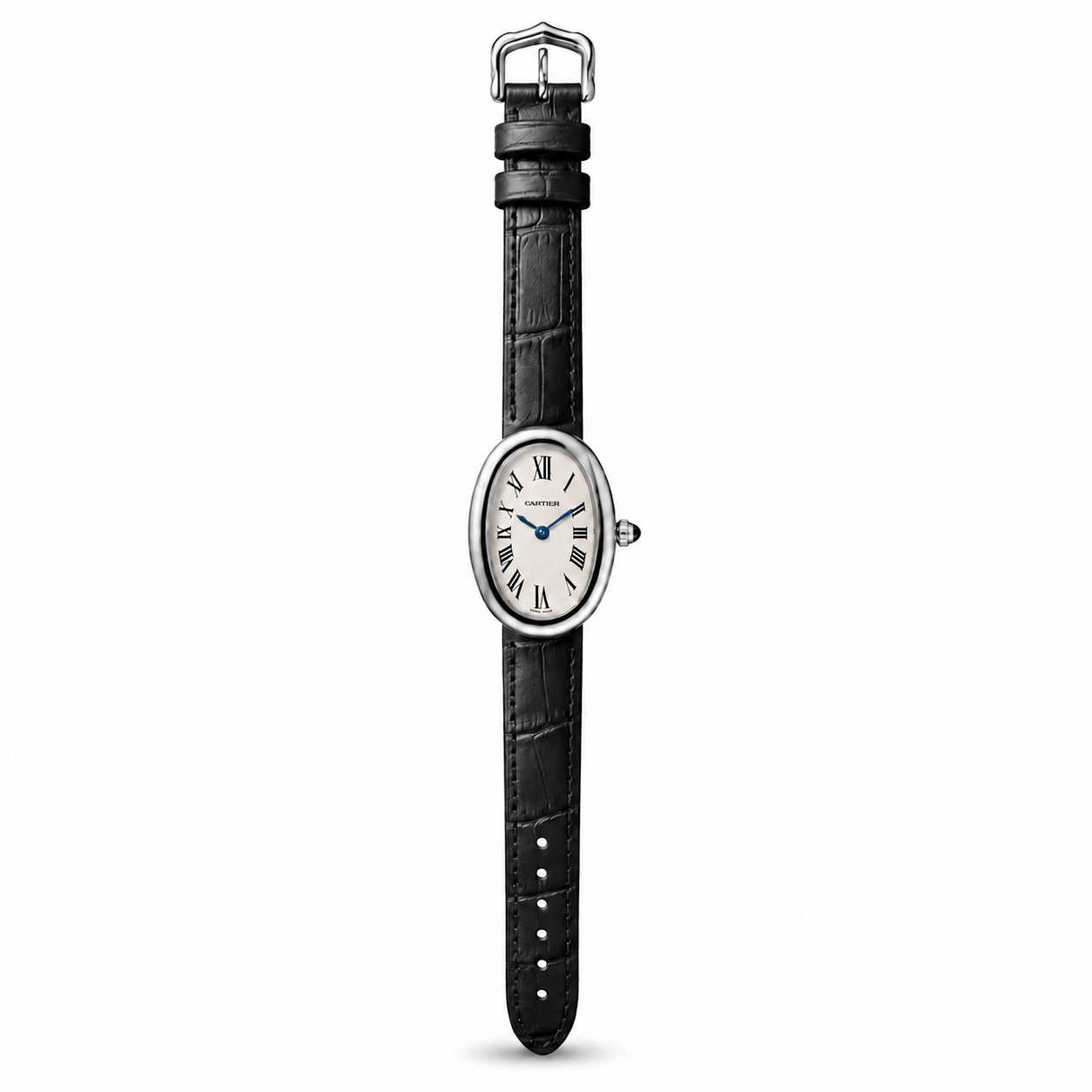 Cartier Baignoire Silver Black Leather Women Watch Front View Lebanon - ChronoVault