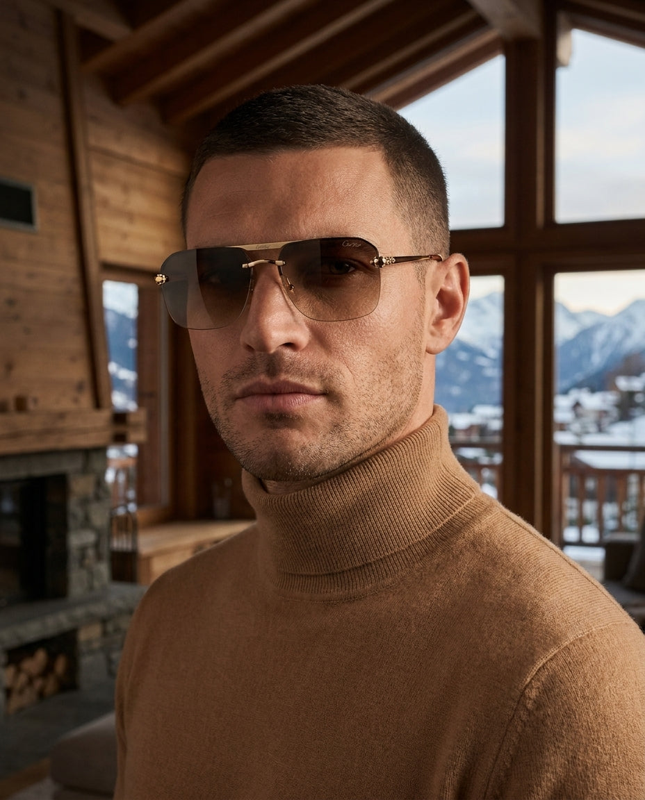 Cartier Panthère – Gold / Brown sunglasses on male model – ChronoVault Lebanon