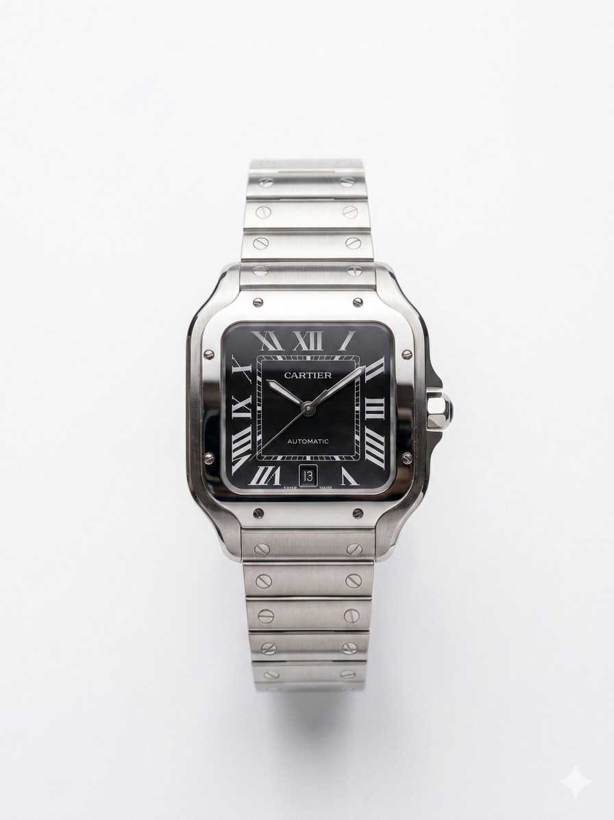 Cartier Santos 40mm Steel Black Dial Men Watch Front View Lebanon - ChronoVault