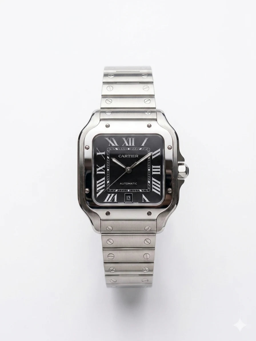 Cartier Santos 40mm Steel Black Dial Men Watch Front View Lebanon - ChronoVault