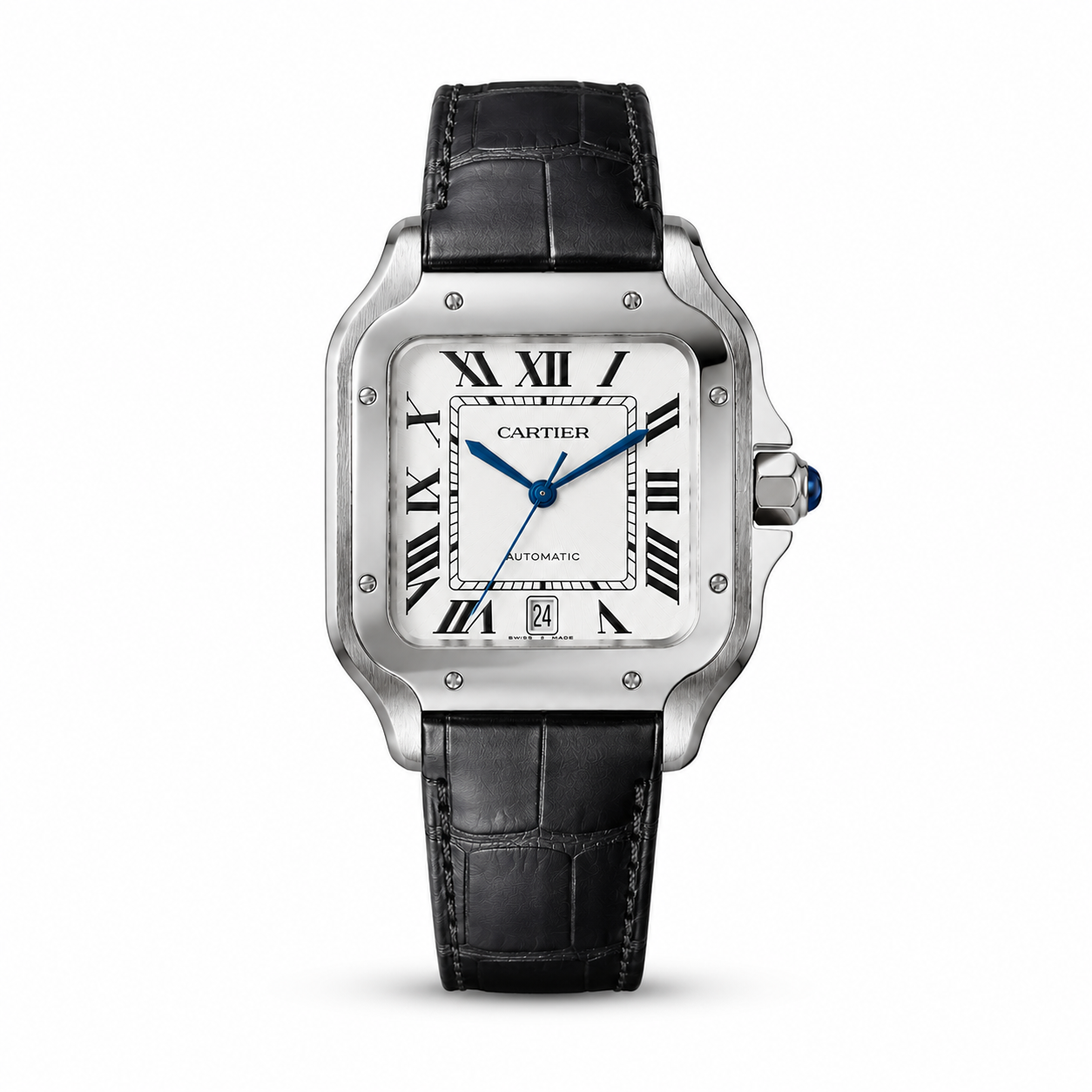 Cartier Santos de Cartier men's watch Lebanon - steel square case, white Roman dial, black leather strap