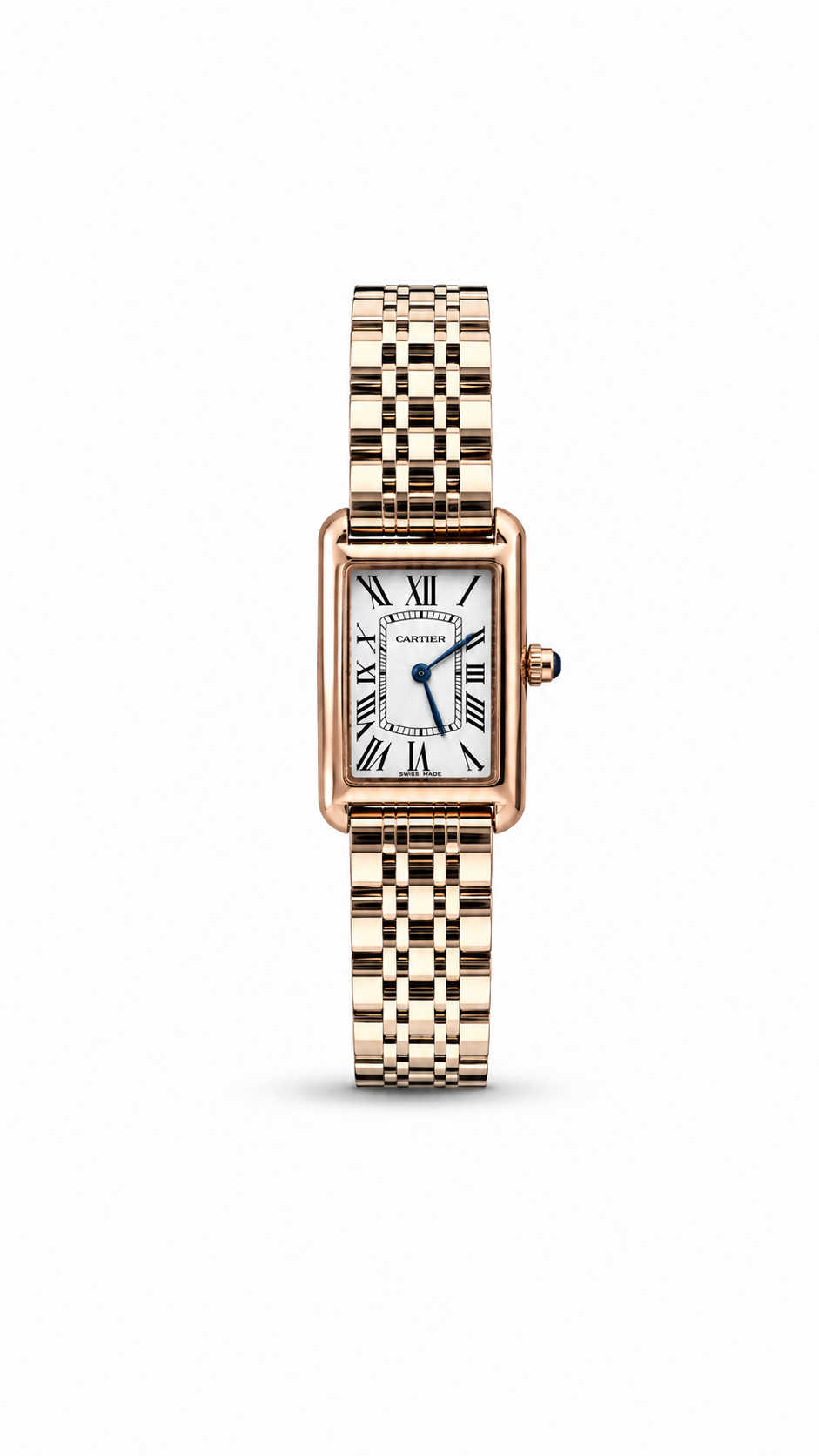 Cartier Tank Americaine Mini women's watch Lebanon - rose gold link bracelet, white Roman dial, blued hands