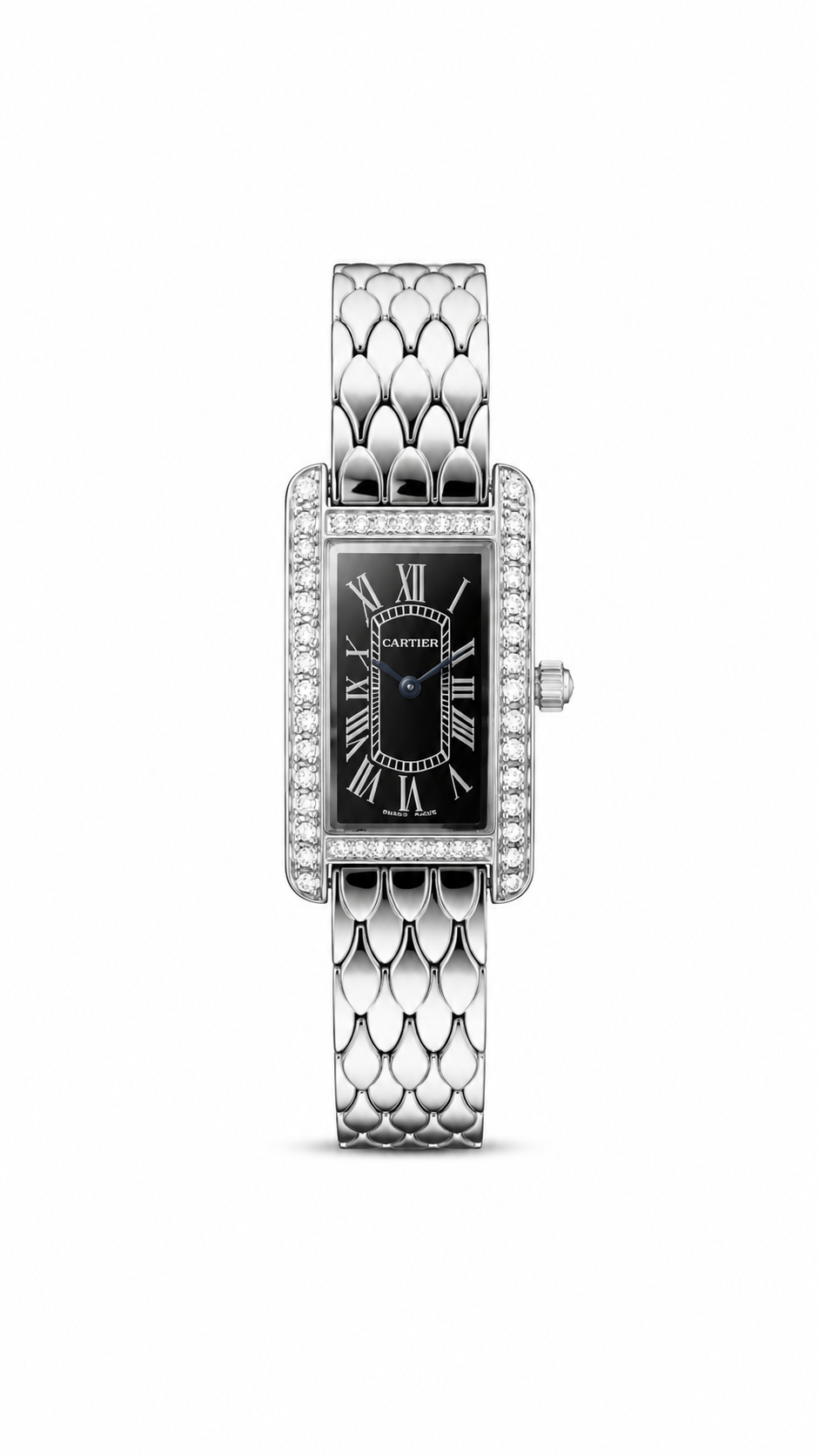 Cartier Tank Americaine Mini women's watch Lebanon - silver scale-link bracelet, diamond bezel, black Roman dial