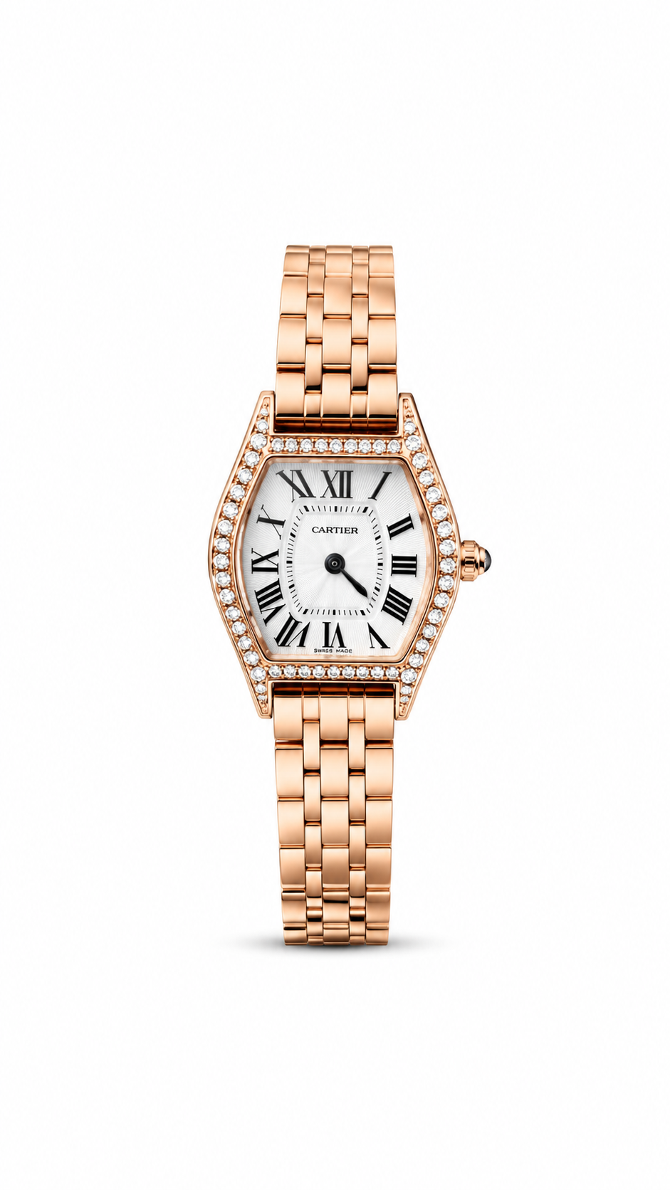 Cartier Tortue 29mm women's watch Lebanon - rose gold tortoise case, diamond bezel, silver guilloche Roman dial, rose gold bracelet