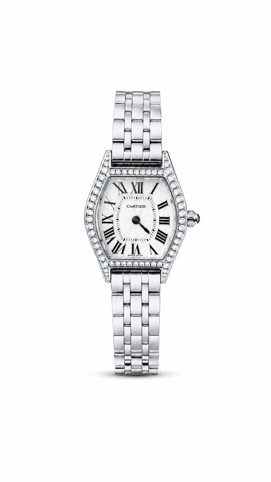 Cartier Tortue 29mm women's watch Lebanon - silver tortoise case, diamond bezel, silver guilloche Roman dial, silver bracelet