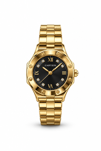 Cartier women's watch Lebanon - yellow gold case with screw-set bezel, black dial with gold Roman numerals and diamond markers, gold link bracelet
