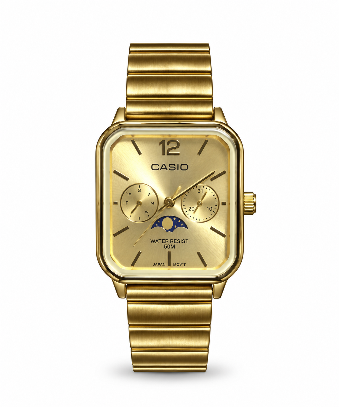 Casio Moonphase unisex watch Lebanon - square gold-tone case, gold sunburst dial, day and date sub-dials, blue moon-phase window, gold-tone steel bracelet