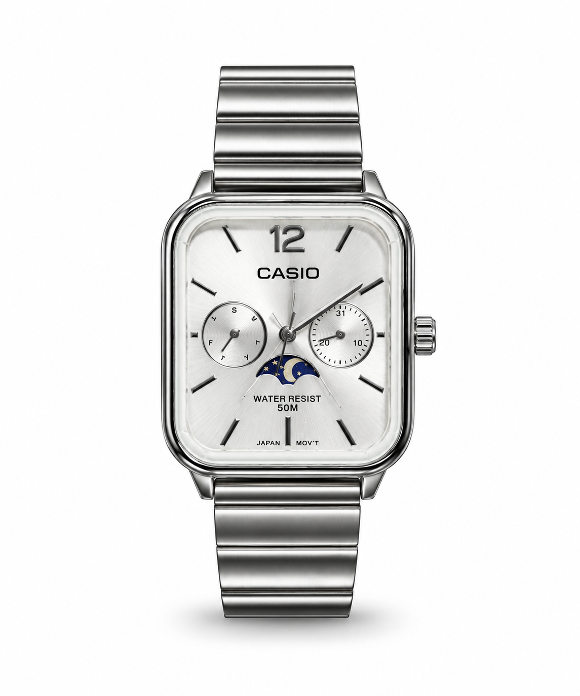 Casio Moonphase unisex watch Lebanon - square steel case, silver sunburst dial, day and date sub-dials, blue moon-phase window, steel bracelet
