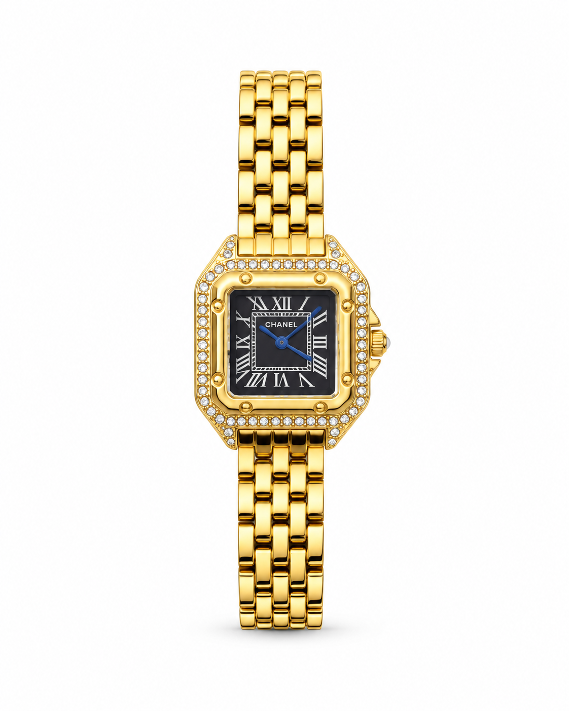 Chanel-style square women's watch Lebanon - gold square case with double-row diamond bezel, black Roman numeral dial with blue hands, gold link bracelet