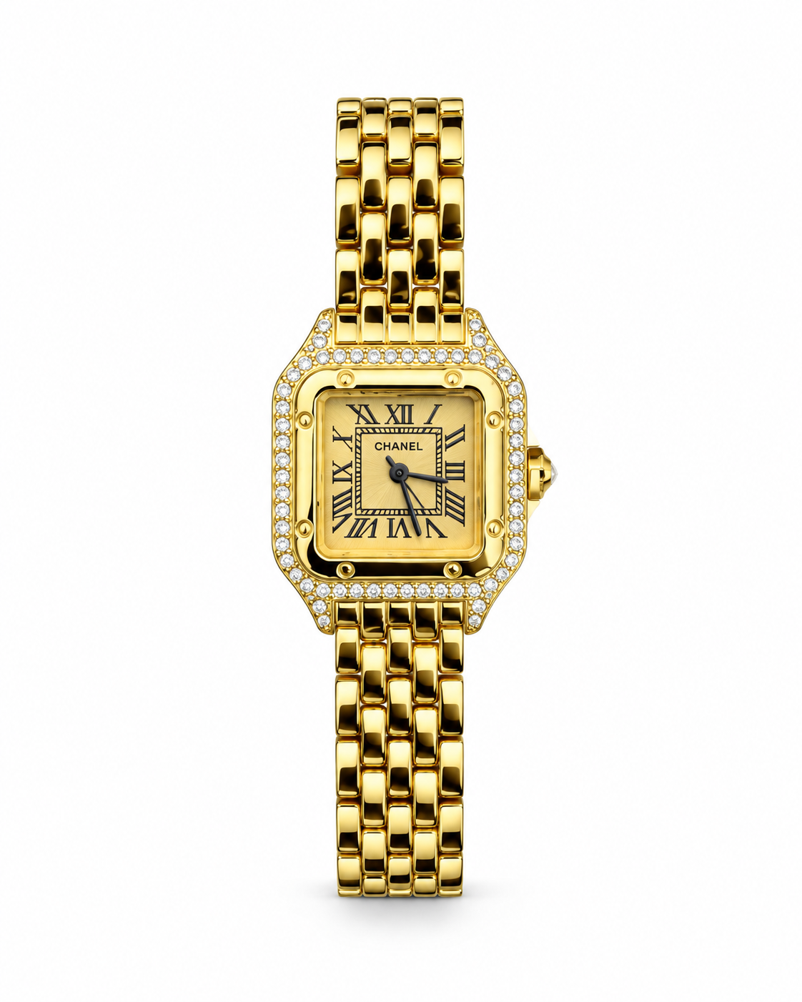 Chanel-style square women's watch Lebanon - gold square case with double-row diamond bezel, gold Roman numeral dial with blued hands, gold link bracelet