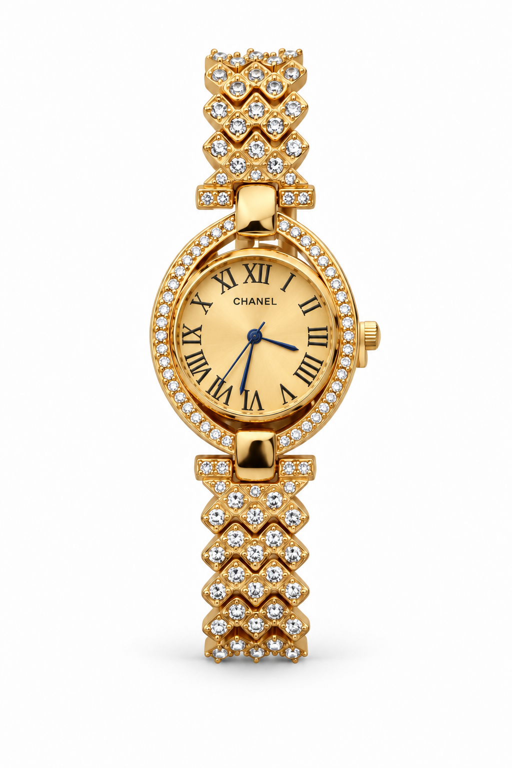 Chanel women's watch Lebanon - gold round case with diamond bezel, gold mother-of-pearl Roman numeral dial with blue hands, diamond-set geometric gold bracelet
