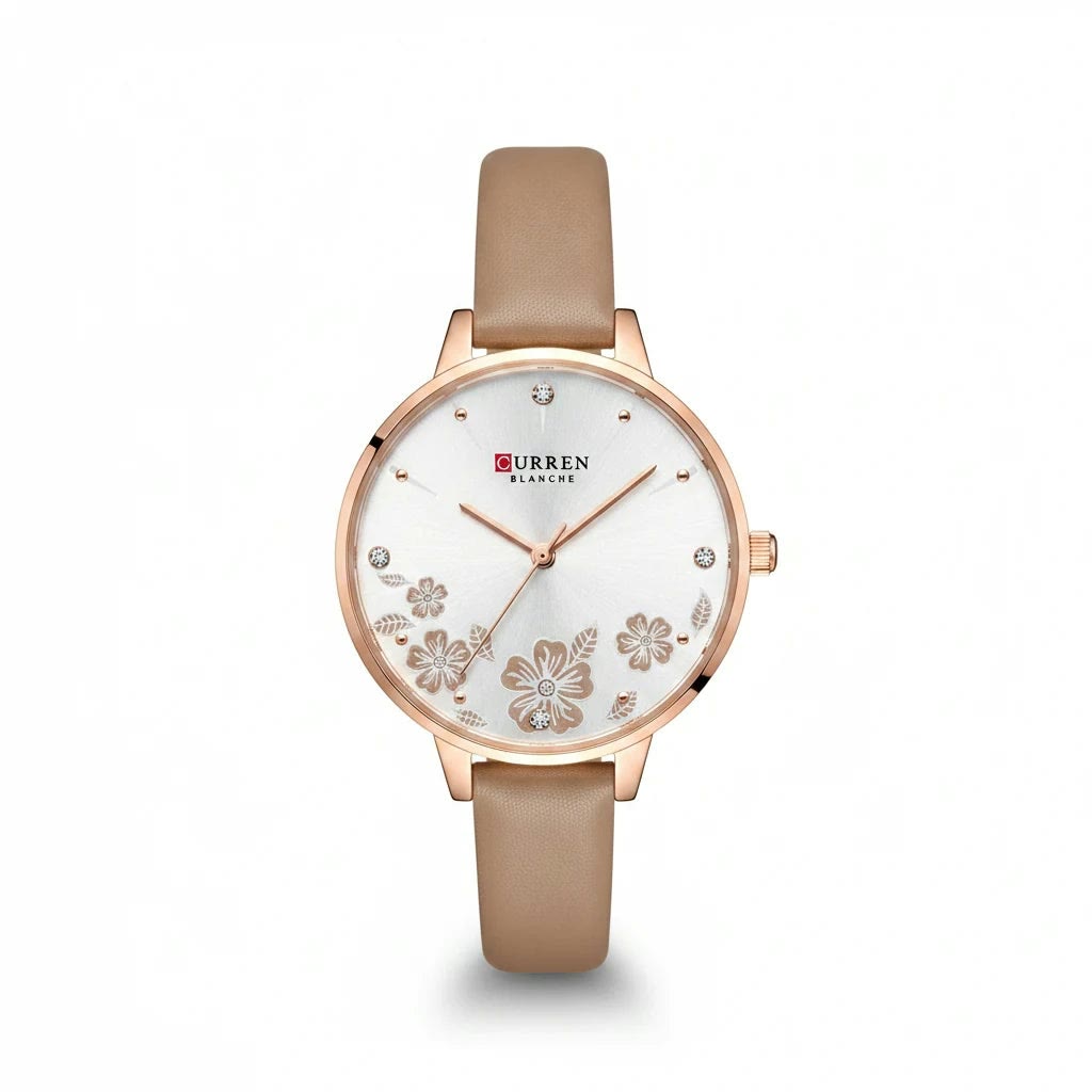 Curren Caramel Rose Gold Rhodium Floral Dial Women Watch Front View Lebanon - ChronoVault