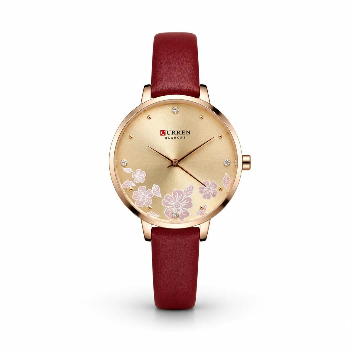 Curren Dark Red Rose Gold Floral Dial Women Watch Front View Lebanon - ChronoVault
