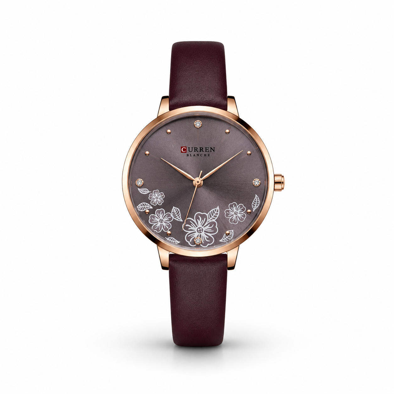 Curren Dark Red Rose Gold Grey Floral Dial Women Watch Front View Lebanon - ChronoVault