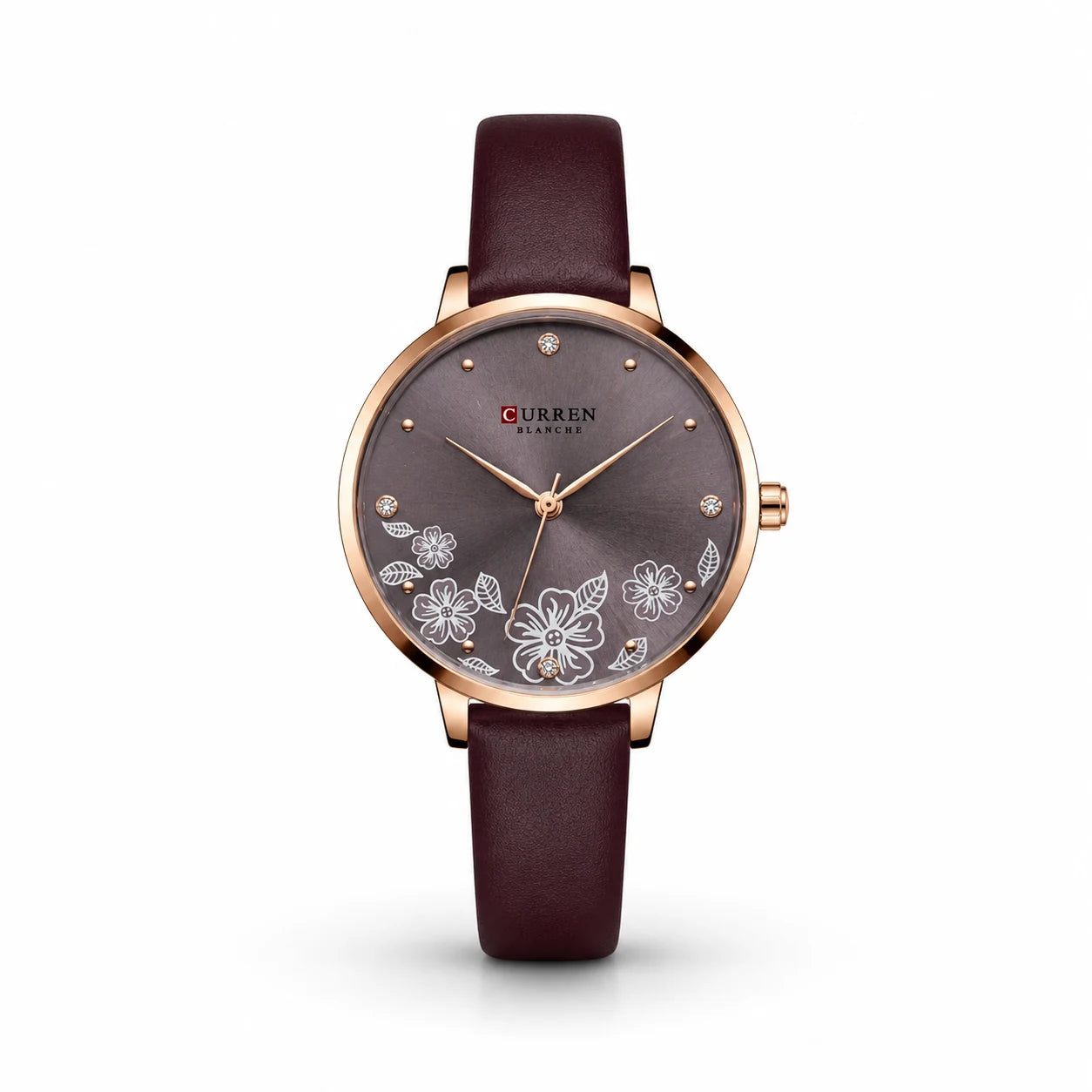 Curren Dark Red Rose Gold Grey Floral Dial Women Watch Front View Lebanon - ChronoVault