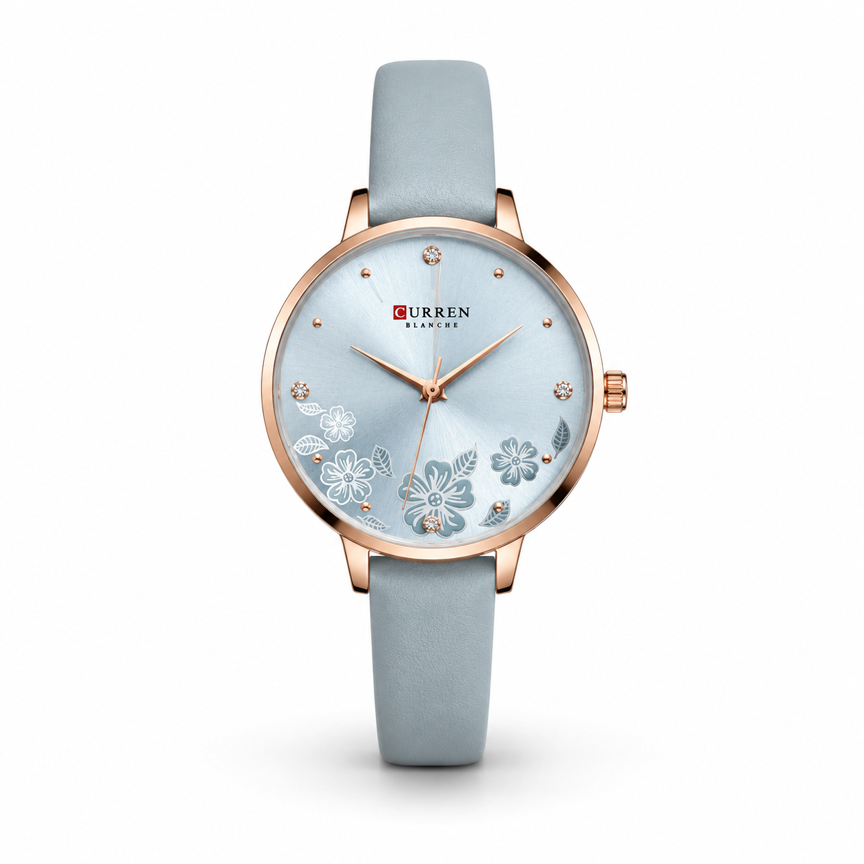 Curren Light Blue Rose Gold Floral Dial Women Watch Front View Lebanon - ChronoVault