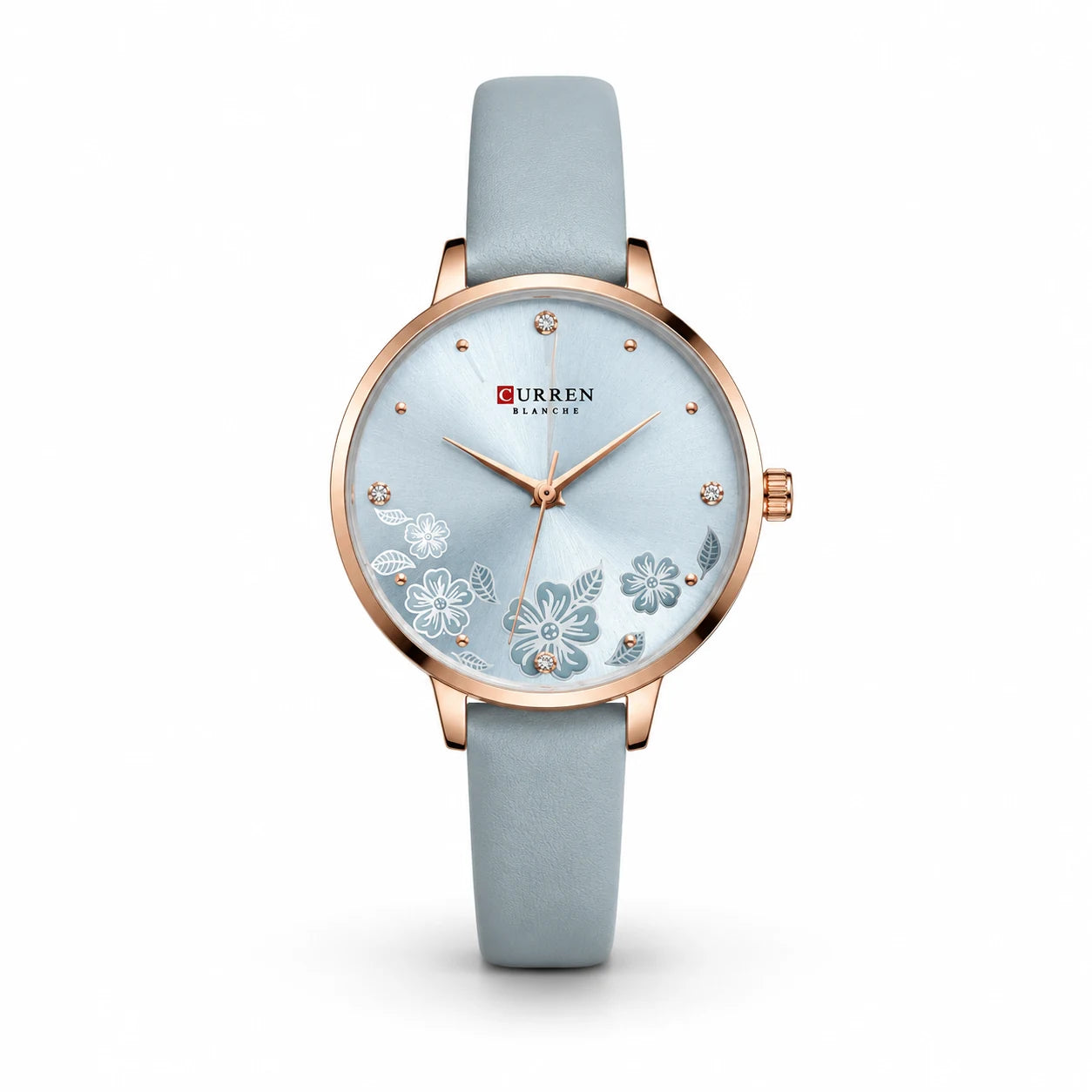 Curren Light Blue Rose Gold Floral Dial Women Watch Front View Lebanon - ChronoVault