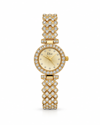 Dior women's watch Lebanon - petite gold round case with diamond bezel, gold sunray dial with crystal markers, diamond-set geometric lattice gold bracelet