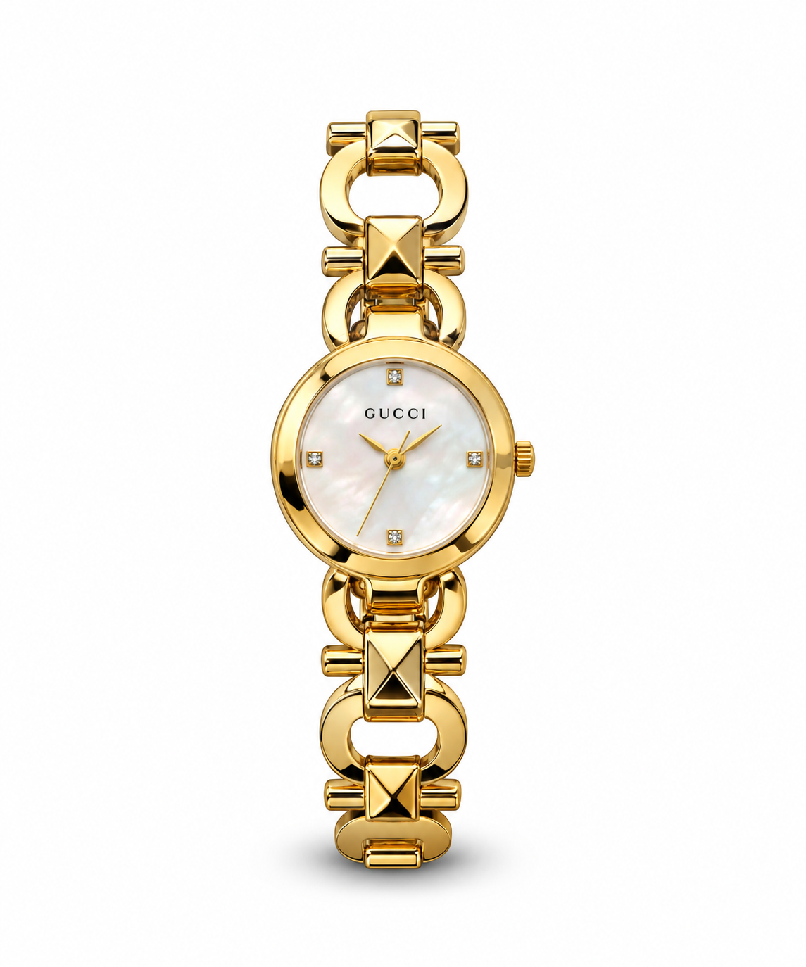Gucci women's watch Lebanon - gold-tone round case, white mother-of-pearl dial with crystal markers, open chain-link gold bracelet with pyramid stud accents