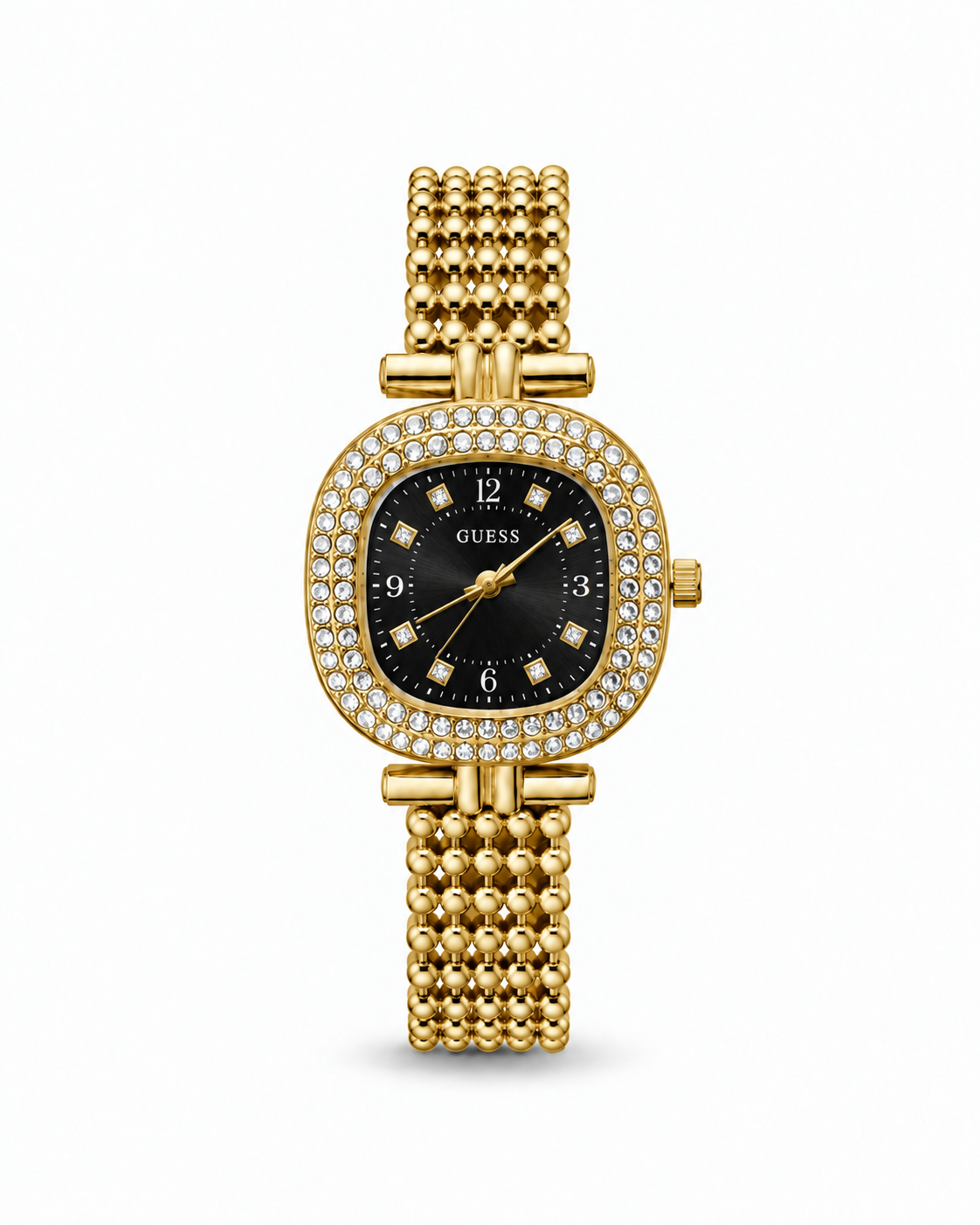 Guess women's watch Lebanon - gold-tone cushion case with double crystal bezel, black sunray dial with crystal markers, beaded gold ball-chain bracelet