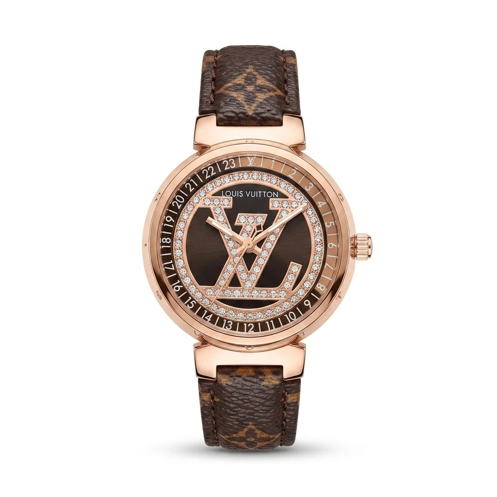 Louis Vuitton Tambour Rose Gold Brown Monogram Diamond Women Watch Front View Lebanon - ChronoVault
