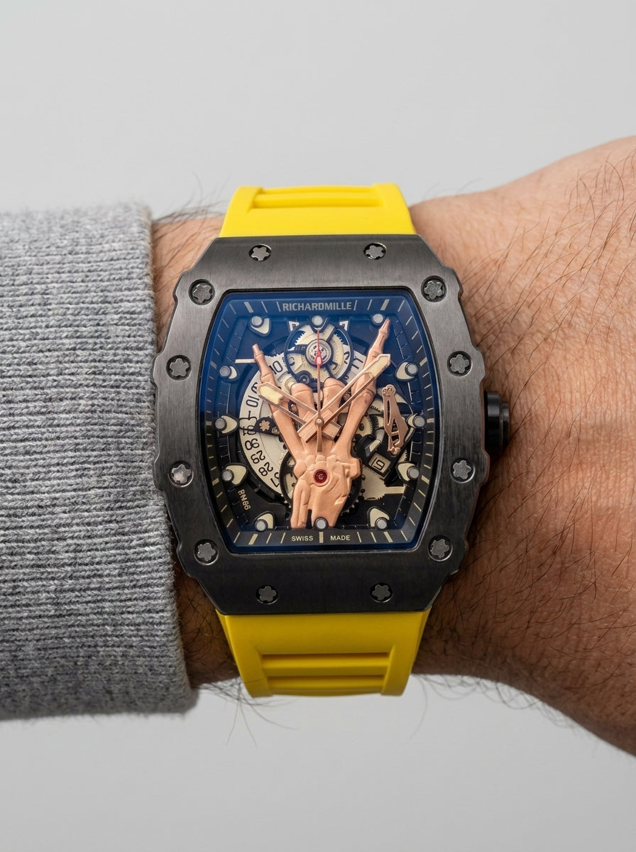 Richard Mille RM66 Horns Skeleton Black Titanium Yellow Strap Men's Watch worn on model wrist Lebanon - ChronoVault