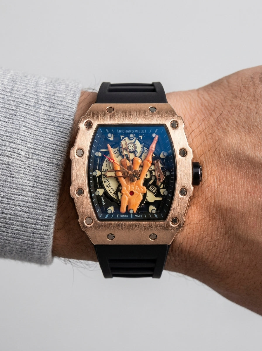Richard Mille RM66 Horns Skeleton Rose Gold Black Strap Men's Watch worn on model wrist Lebanon - ChronoVault