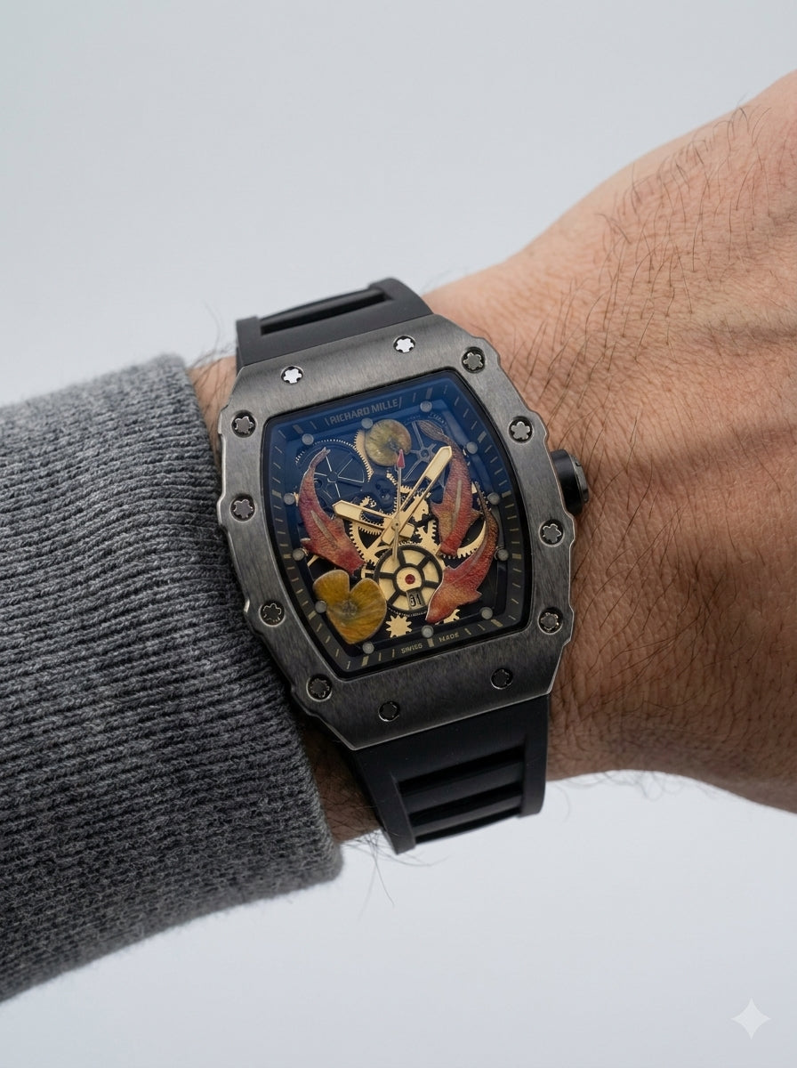 Richard Mille Koi Fish Skeleton Black Titanium Black Strap Men's Watch worn on model wrist Lebanon - ChronoVault