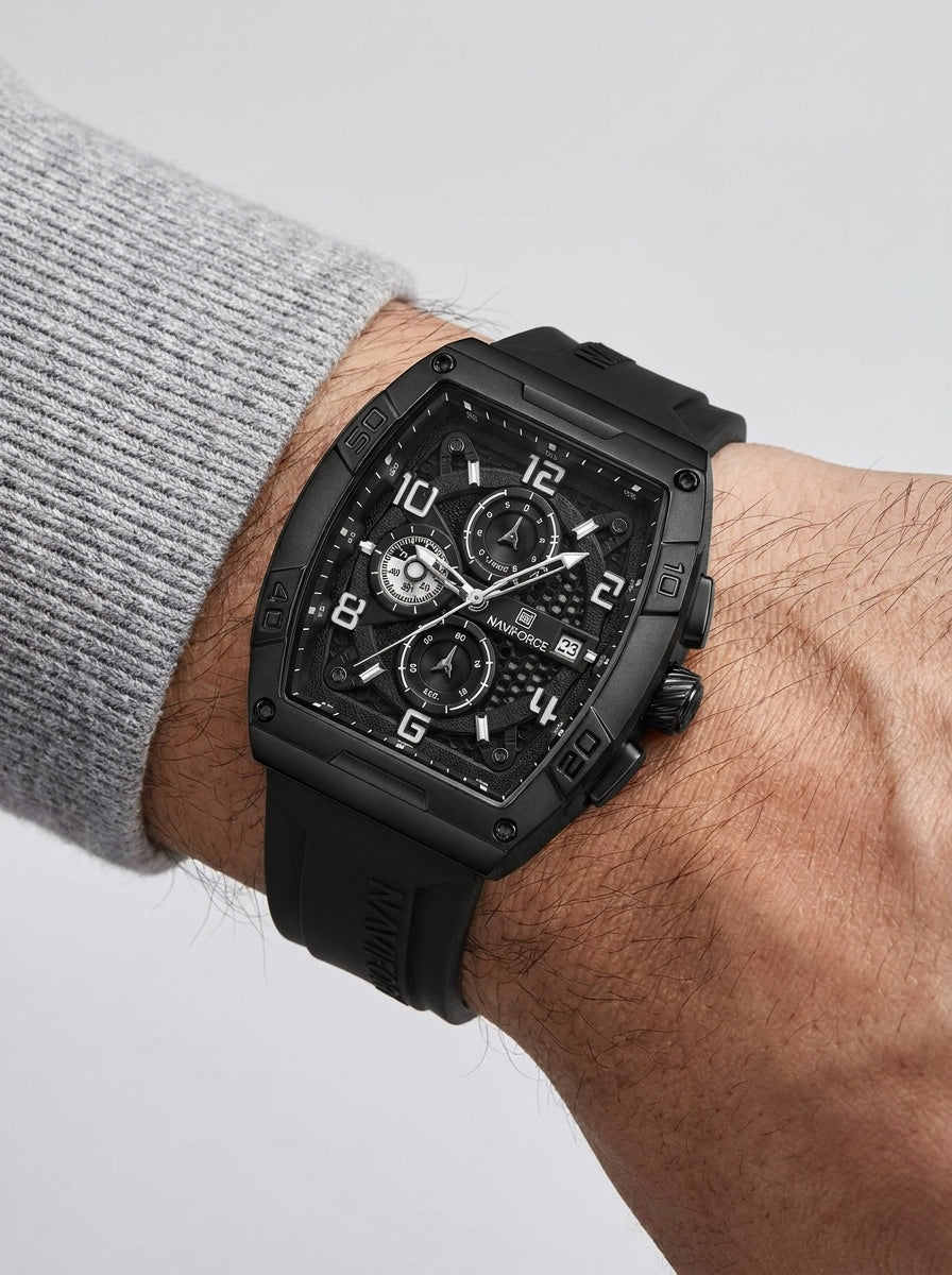 Naviforce Tonneau Chronograph Watch - Black Case, Black Rubber Strap worn on model wrist Lebanon - ChronoVault