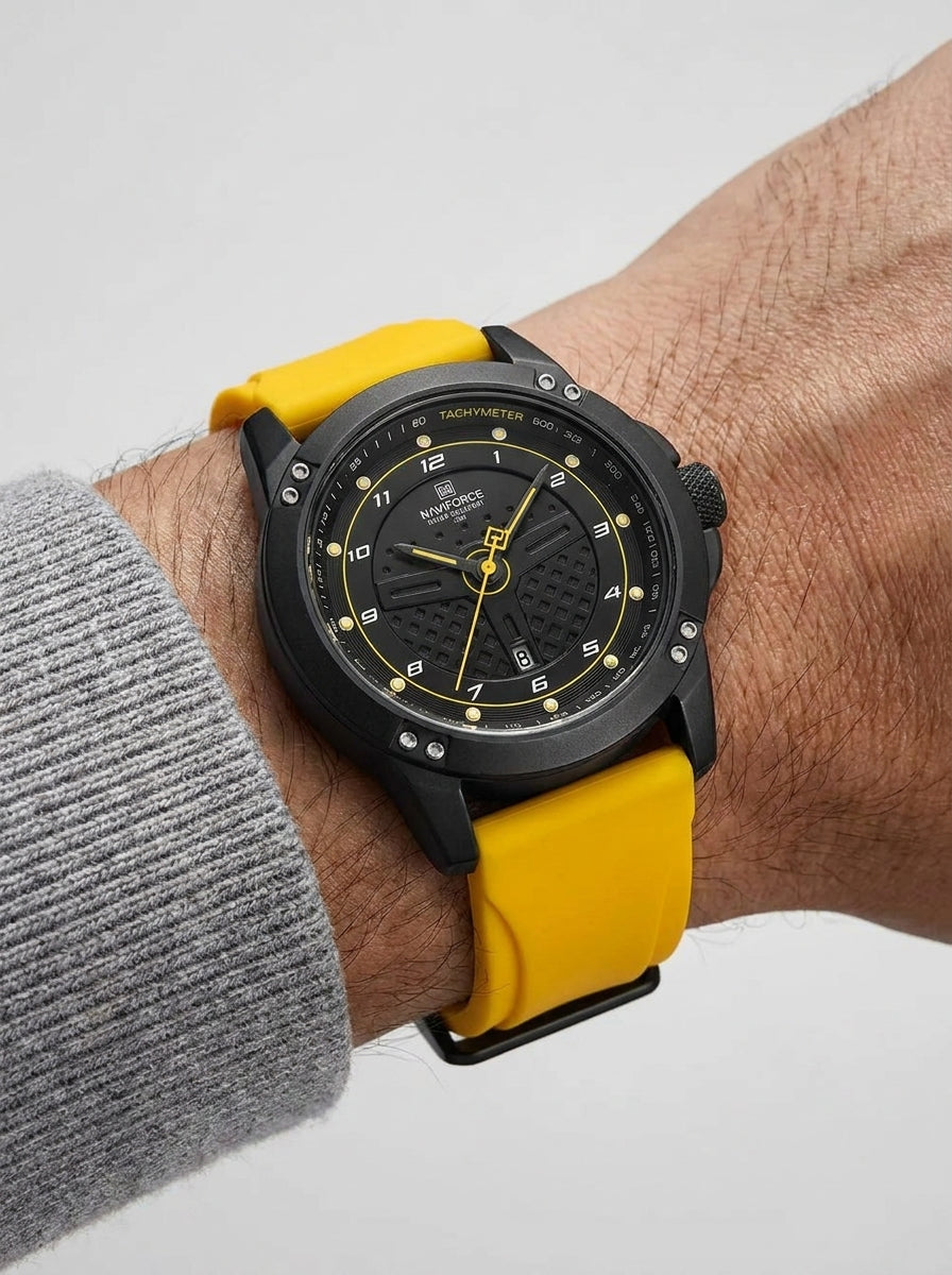 Naviforce Sport Watch - Black Case, Yellow Rubber Strap with Tachymeter & Date worn on model wrist Lebanon - ChronoVault