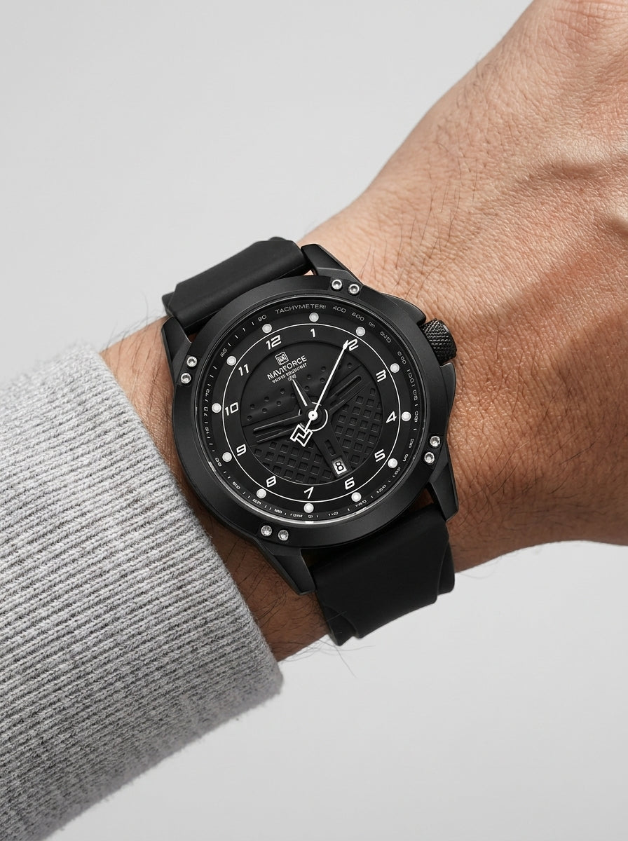 Naviforce Sport Watch - Black Case, Black Rubber Strap with Tachymeter & Date worn on model wrist Lebanon - ChronoVault