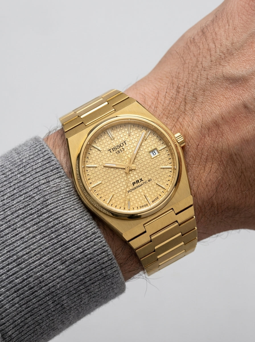 Tissot PRX Powermatic 80 Full Gold Men's Watch worn on model wrist Lebanon - ChronoVault