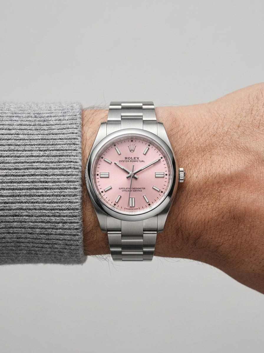 Rolex Oyster Perpetual Steel Pink Dial Men's Watch worn on model wrist Lebanon - ChronoVault