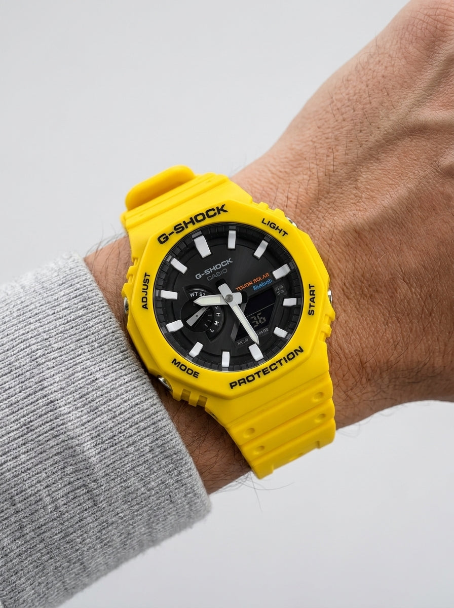 Casio G-Shock Tough Solar Yellow Ana-Digi Men's Watch worn on model wrist Lebanon - ChronoVault