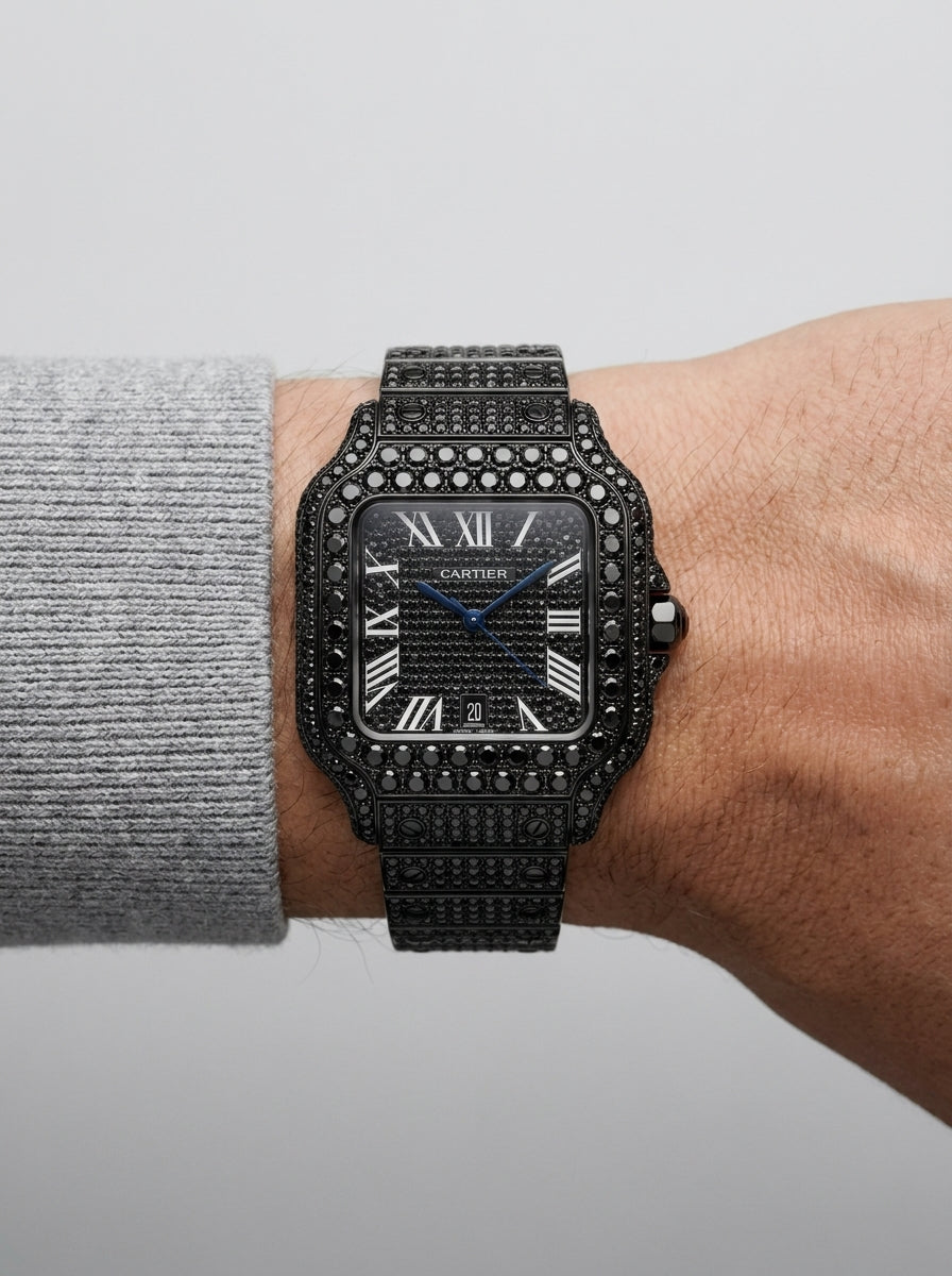 Cartier Santos de Cartier Iced Out Black Dial Diamond Men's Watch worn on model wrist Lebanon - ChronoVault