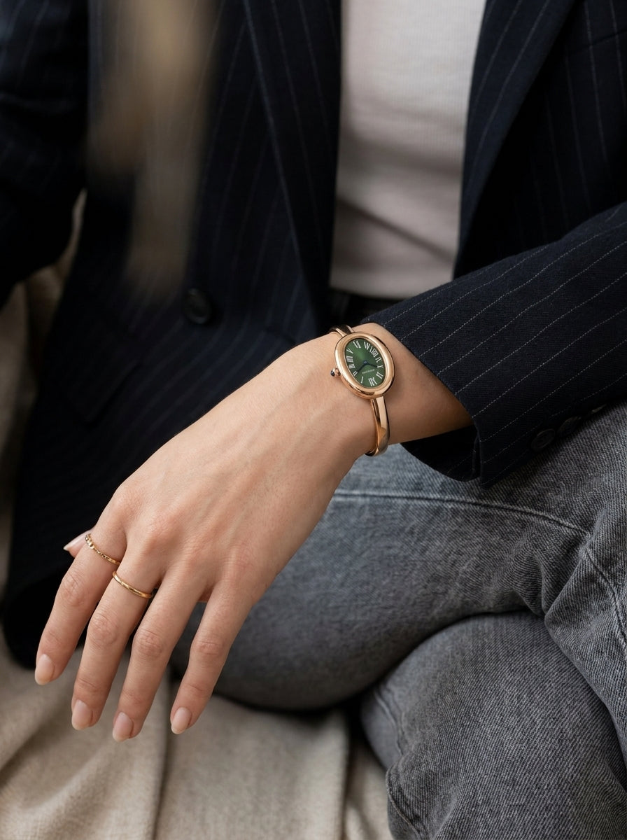 Cartier Baignoire Small Model Rose Gold Green Roman Dial Women's Watch worn on model wrist Lebanon - ChronoVault