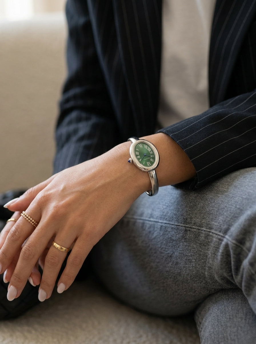 Cartier Baignoire Small Model Silver Green Roman Dial Women's Watch worn on model wrist Lebanon - ChronoVault