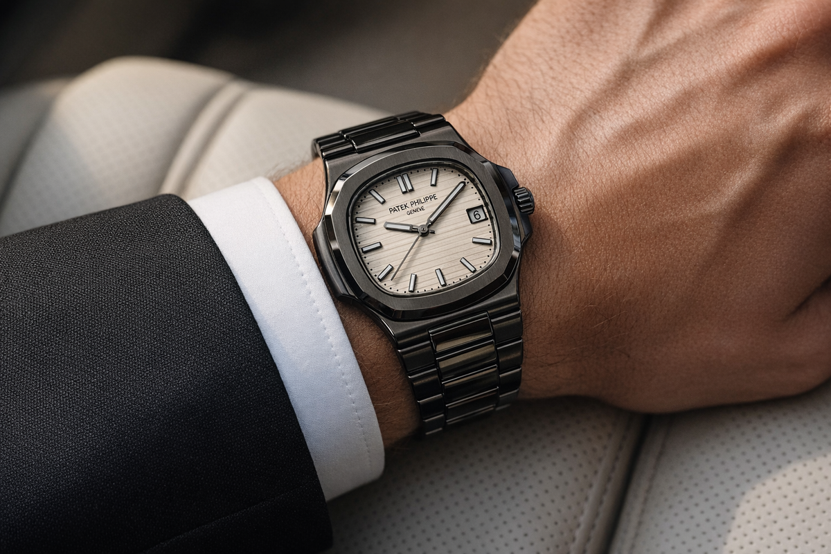 Patek Philippe Nautilus-Style men's watch on wrist Lebanon - black case and bracelet, cream embossed dial, worn with a black suit and white cuff