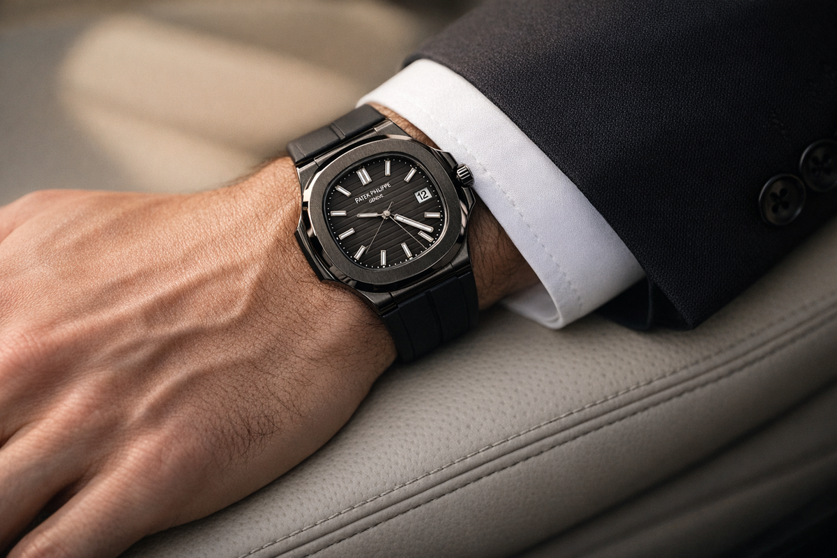 Patek Philippe Nautilus-Style men's watch on wrist Lebanon - black case, black embossed dial, black rubber strap, worn with a black suit and white cuff