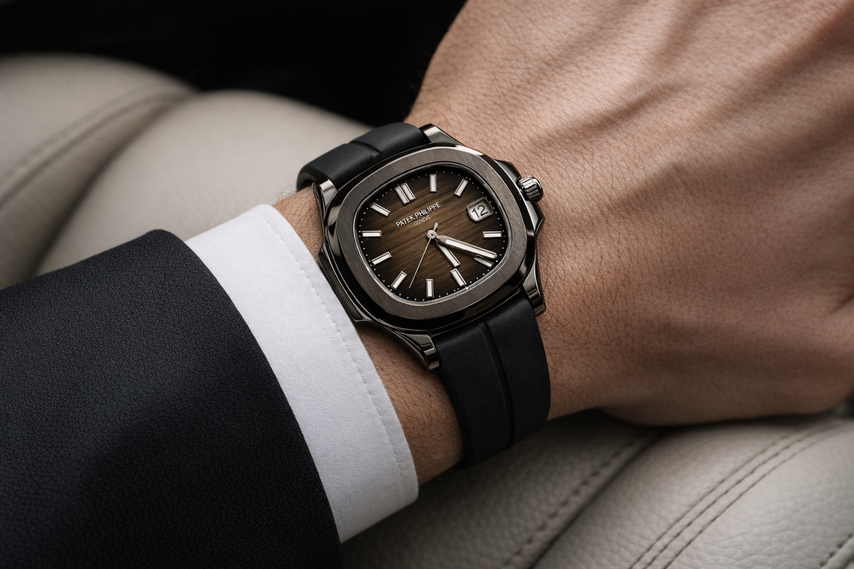 Patek Philippe Nautilus-Style men's watch on wrist Lebanon - black case, brown embossed dial, black rubber strap, worn with a black suit and white cuff