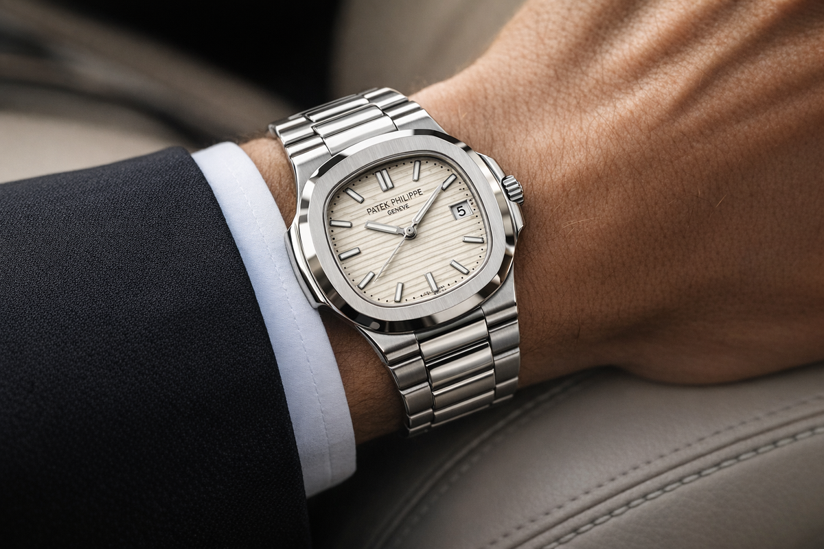 Patek Philippe Nautilus-Style men's watch on wrist Lebanon - steel case, cream embossed dial, integrated steel bracelet, worn with a black suit and white cuff