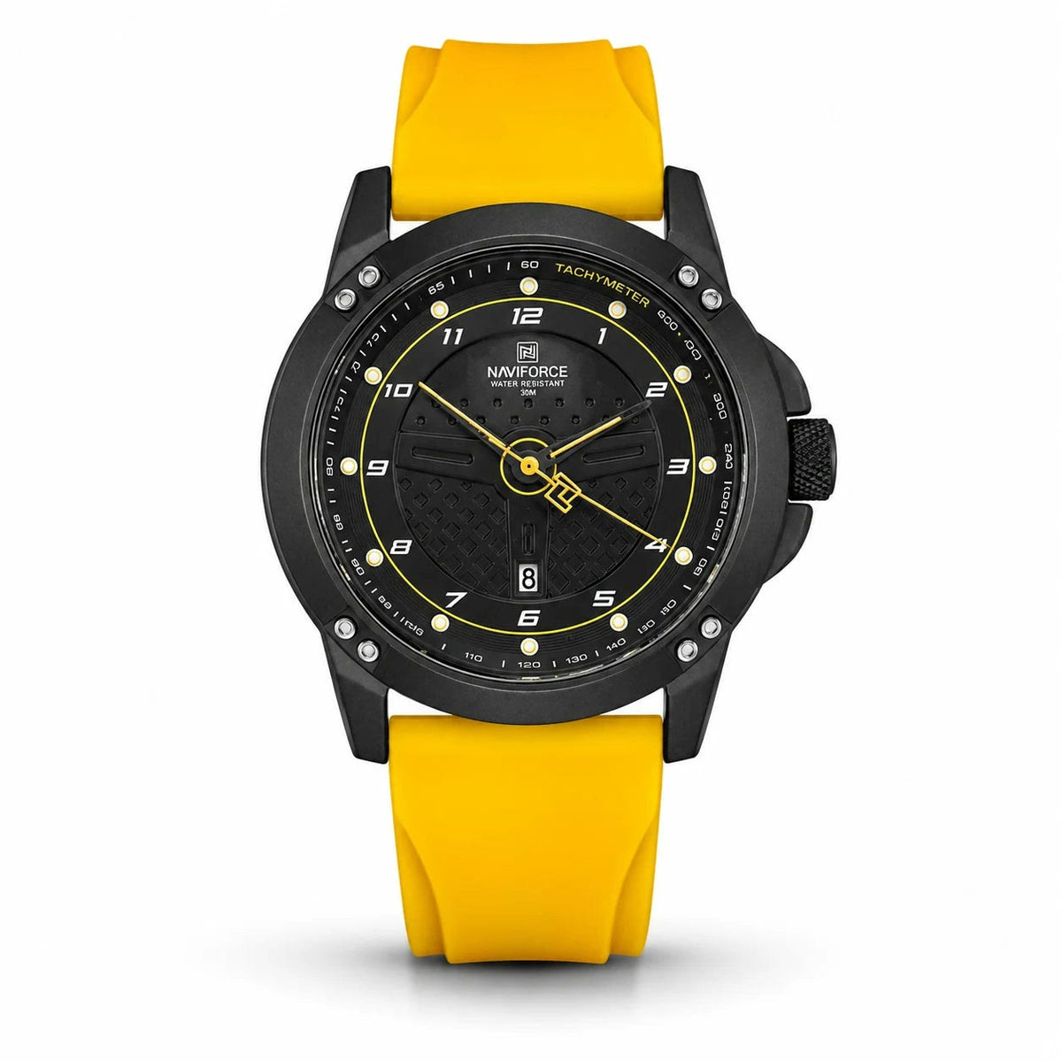 Naviforce Sport Watch Black Case Yellow Rubber Strap Men Watch Front View Lebanon - ChronoVault