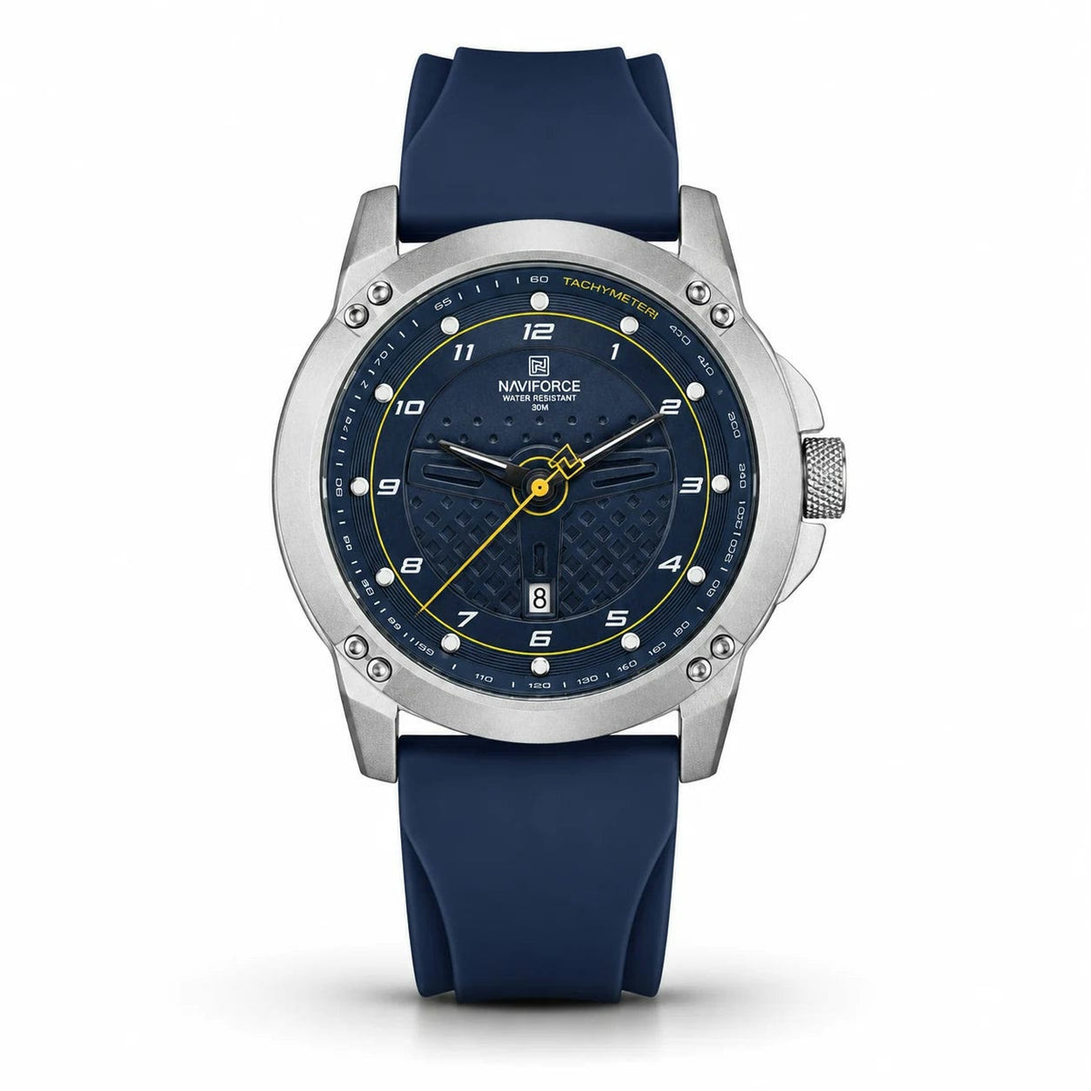 Naviforce Sport Watch Silver Case Navy Blue Rubber Strap Men Watch Front View Lebanon - ChronoVault