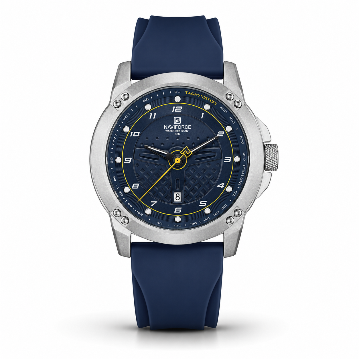 Naviforce Sport Watch Silver Case Navy Blue Rubber Strap Men Watch Front View Lebanon - ChronoVault