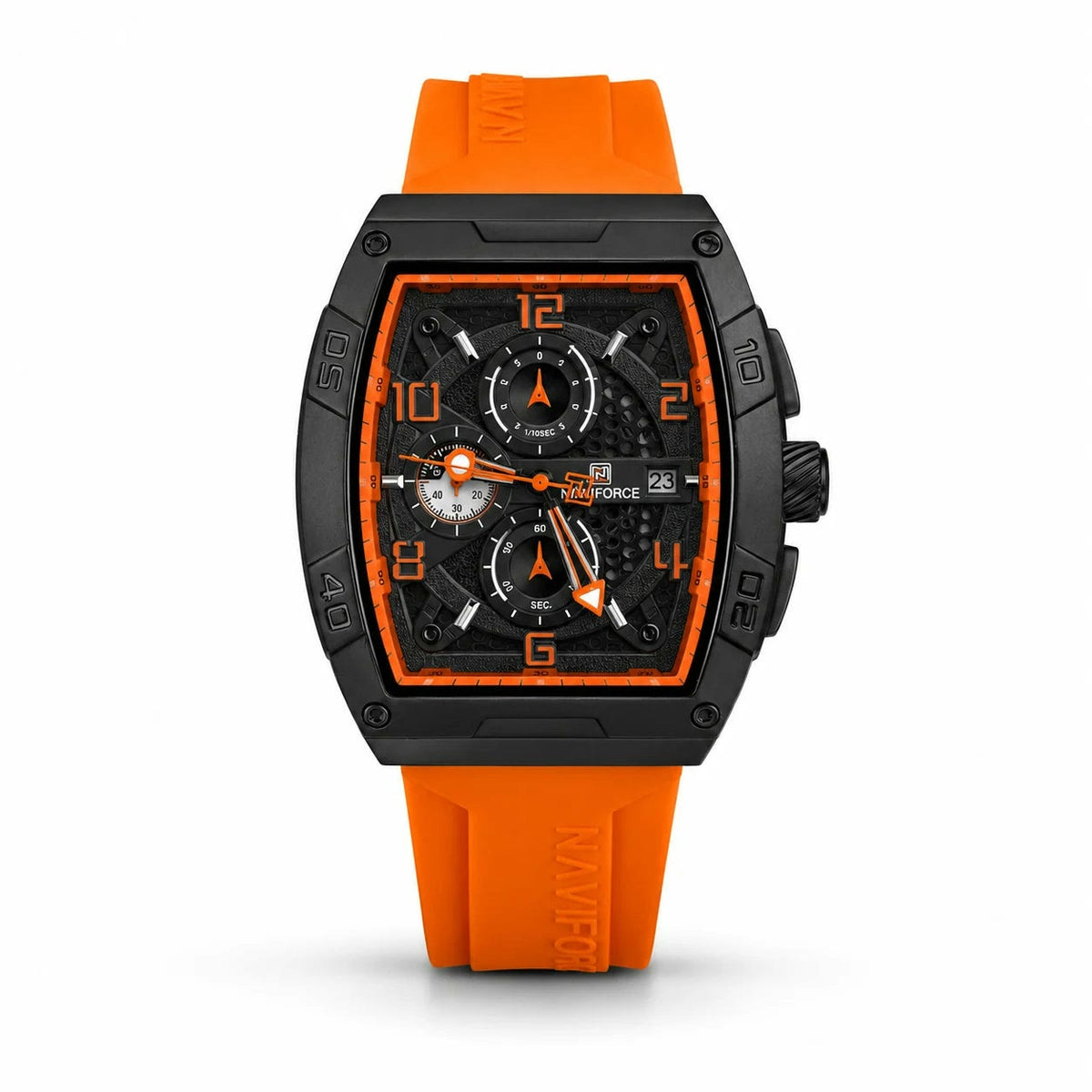 Naviforce Tonneau Chronograph Black Case Orange Rubber Strap Men Watch Front View Lebanon - ChronoVault