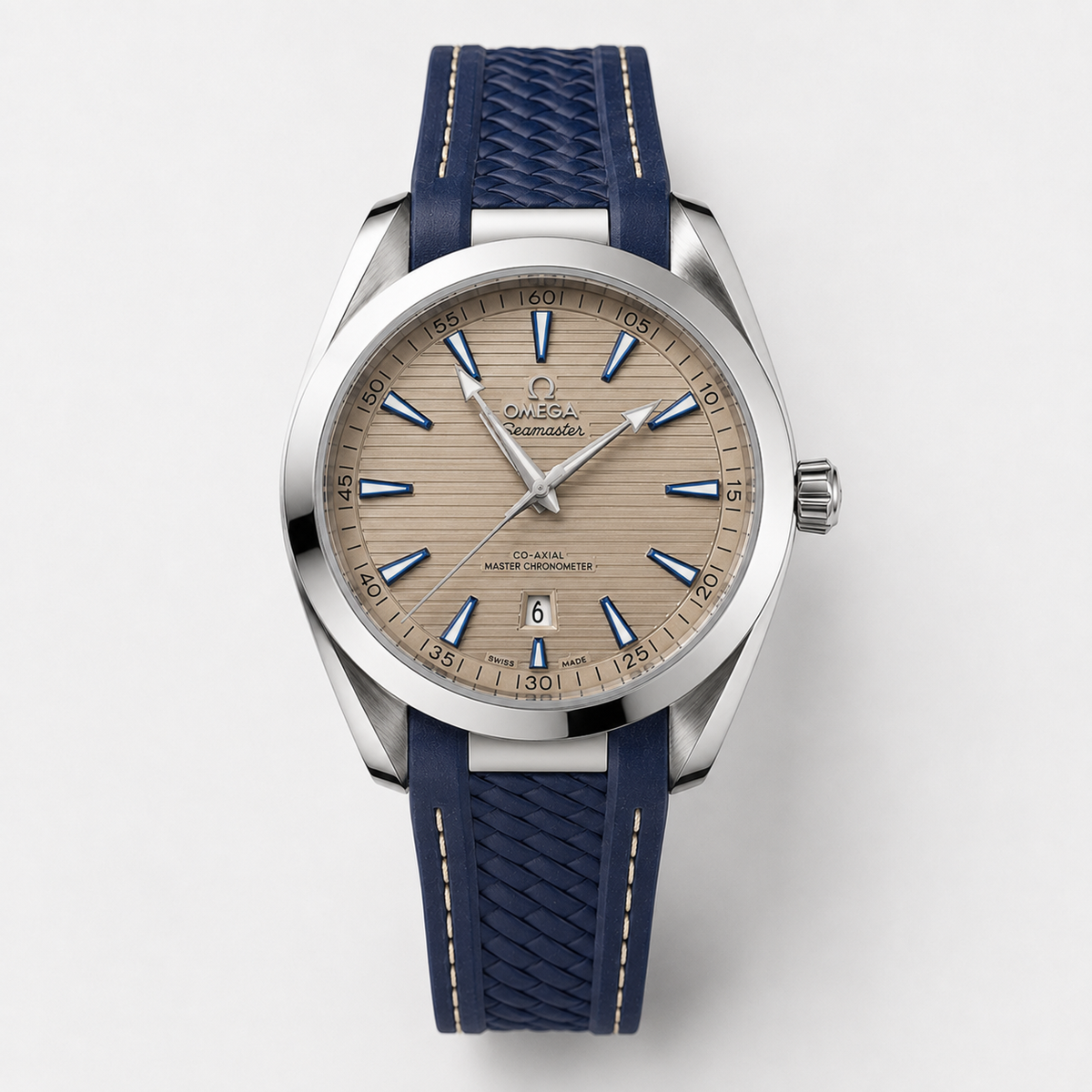Omega Seamaster men's watch Lebanon - stainless steel case, beige teak dial with blue accents, blue rubber strap with beige stitching