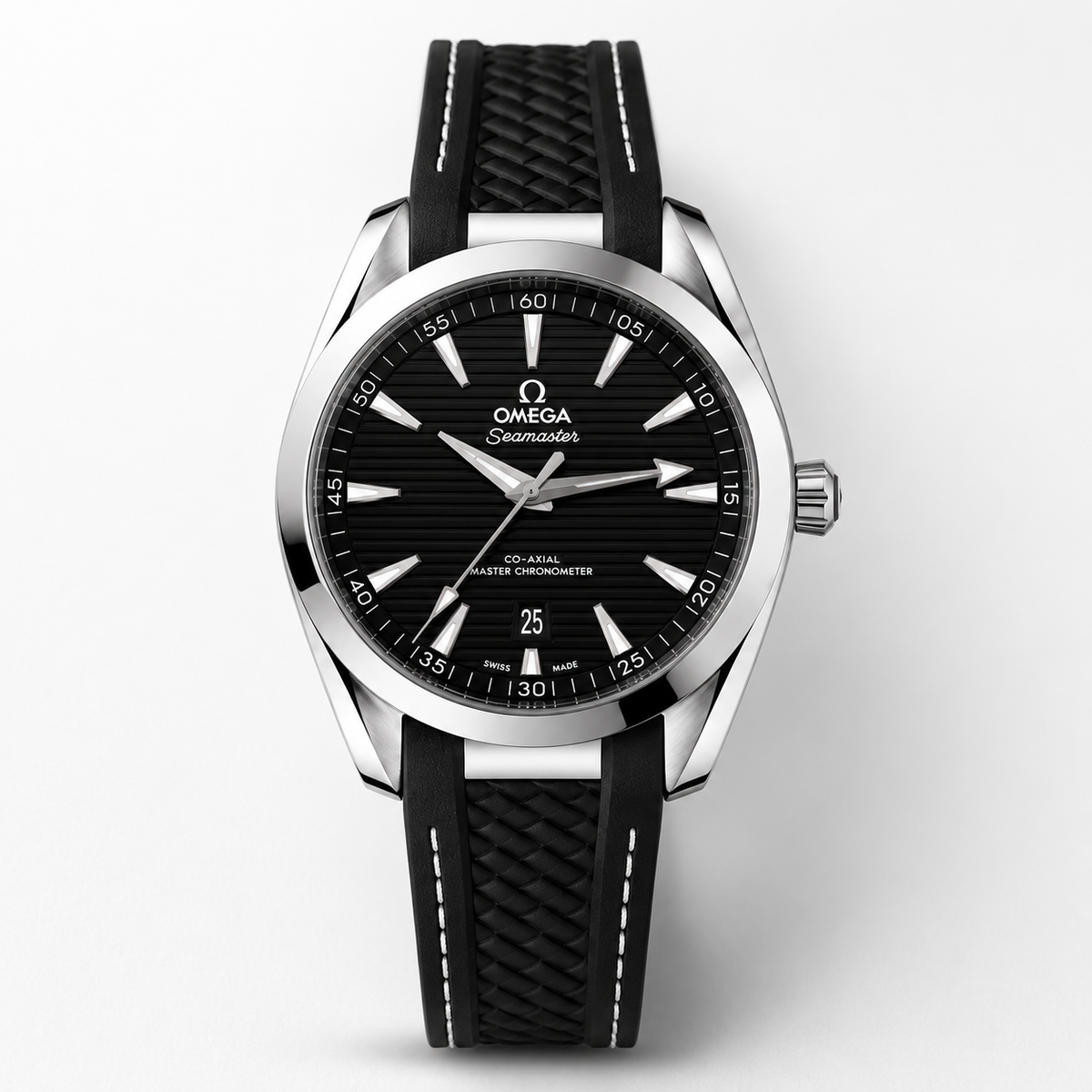Omega Seamaster men's watch Lebanon - stainless steel case, black teak dial, black rubber strap with white stitching